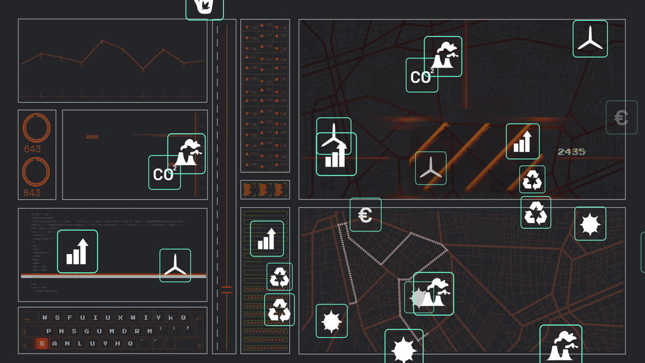 Animation of environmental and economic icons on city map in data analysis interface