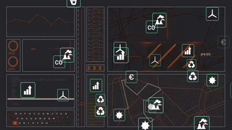 animation of environmental and economic icons on city map in data analysis interface
