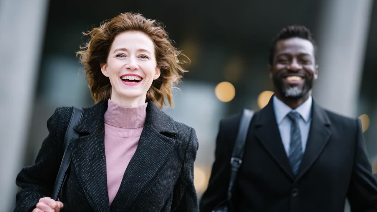 Due professionisti che condividono un momento di gioia e fiducia mentre camminano insieme, mostrando la loro energia positiva e la connessione in un ambiente professionale.