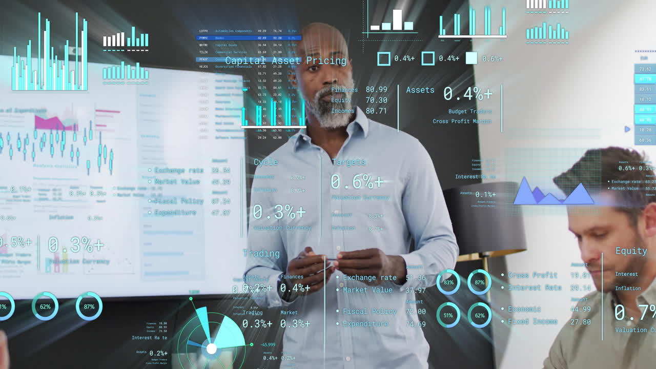 Animation of financial data processing over diverse business people in office