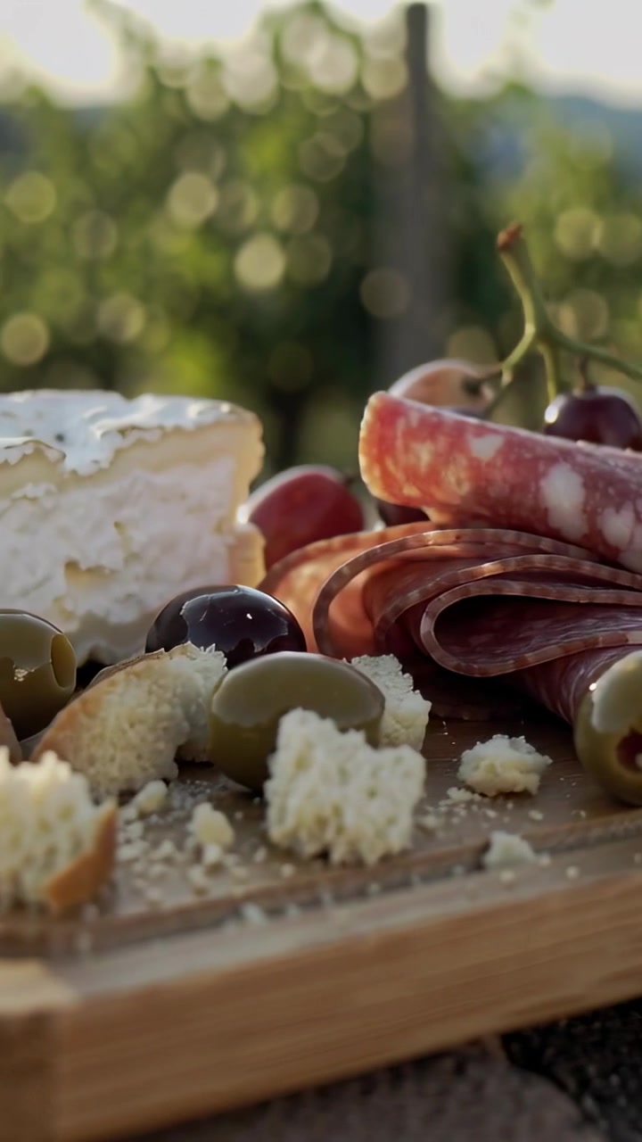 Vídeo vertical: Após close-up, lente recuando revelando tábua em vinhedo, brie, salame e azeitonas