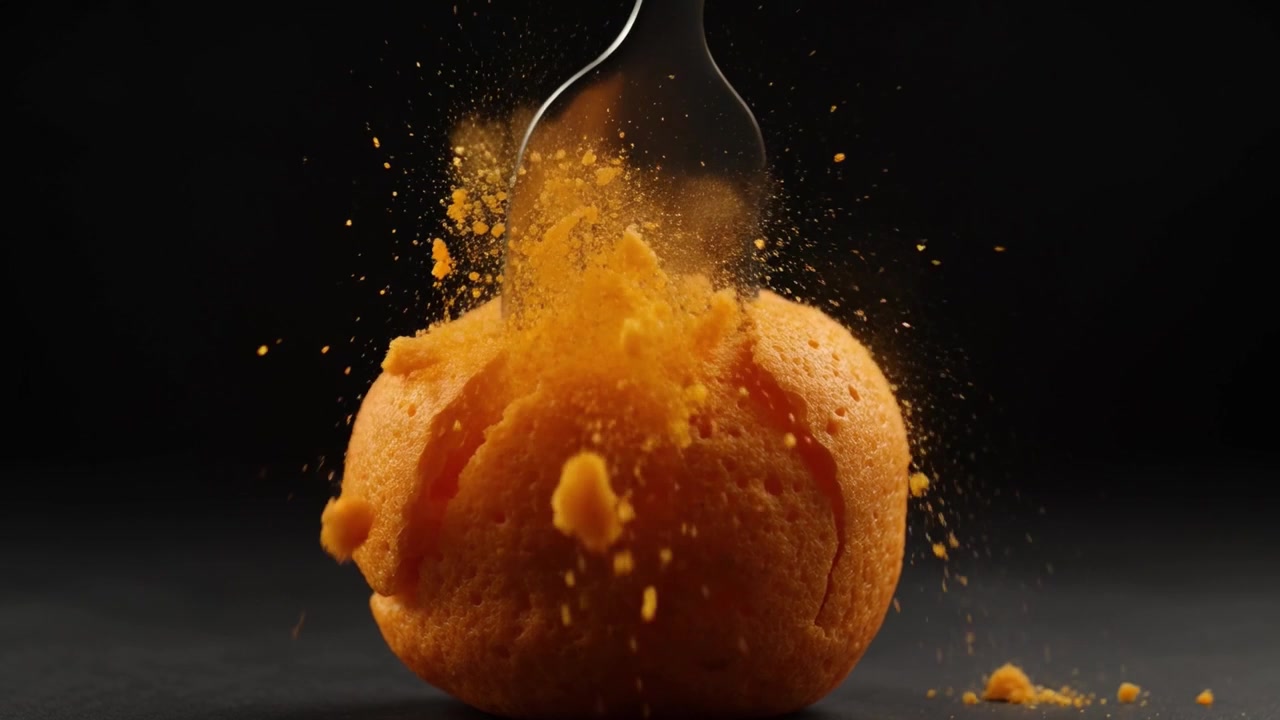 Forchetta che schiaccia una sfera d'arancia secca su sfondo nero