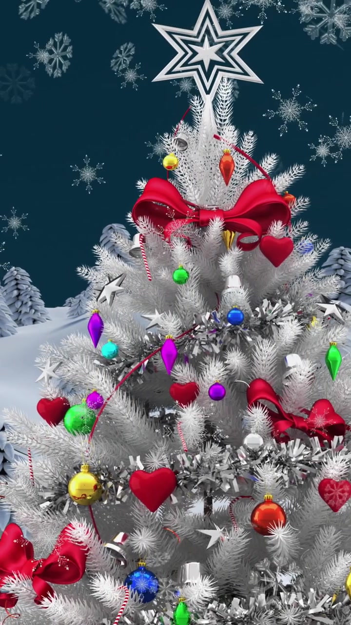 Mavi arka plan üzerinde Noel ağacı ve kar yağışı ile kış manzarasının animasyonu