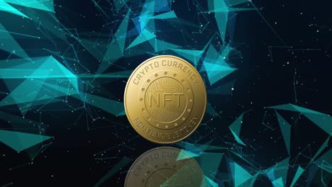 Animation-of-nft-text-on-golden-coin-and-network-of-connections-over-dark-background