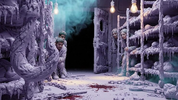 A chilling scene in a frozen chamber reveals a sinister presence, as eerie figures hide among the icy surroundings in a dark, unsettling atmosphere.
