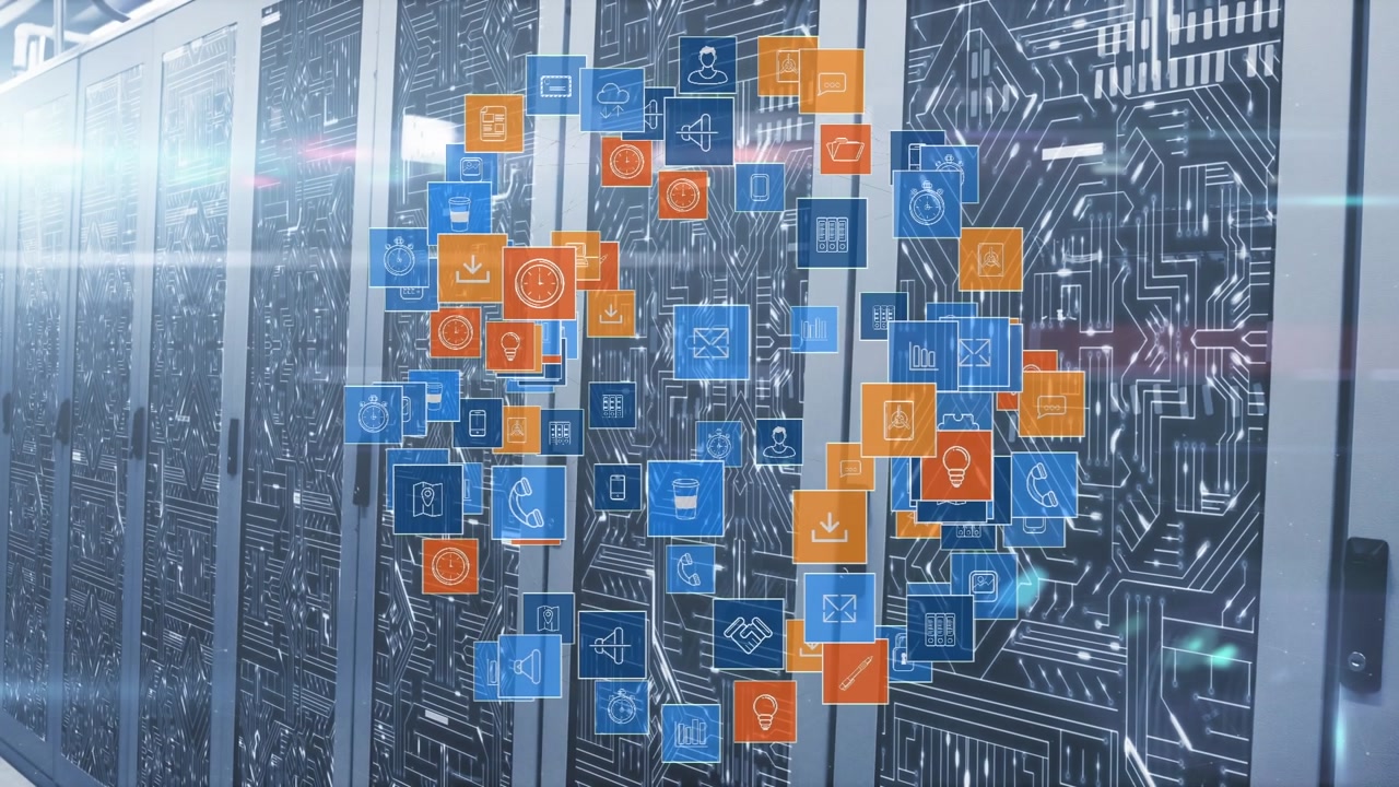 Animation of globe made of icons rotating over servers