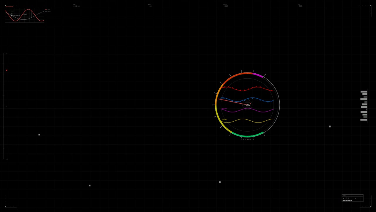 A hud animation shows various graphs and data visualizations in a sci fi space setting. The design contains circular and linear elements with colorful lights