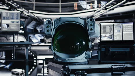 space helmet next to laptop in spaceship showing mission logs during flight