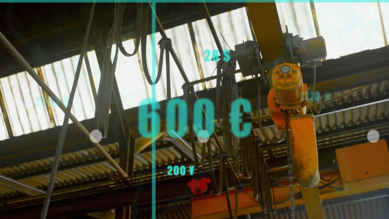 Animation of graphs over grid pattern with numbers against construction machinery in factory