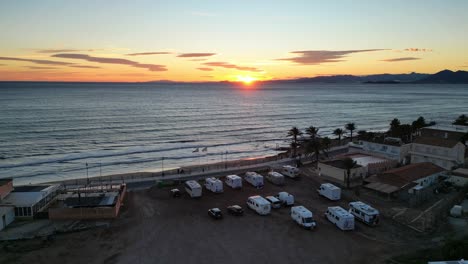 Camper-Park-at-Beach-in-La-Azohia,-Murcia,-Costa-Calida,-Spain---Aerial-4k