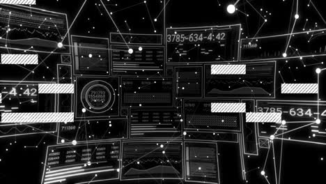 Animation-of-interference-over-data-processing-and-connections-on-black-background