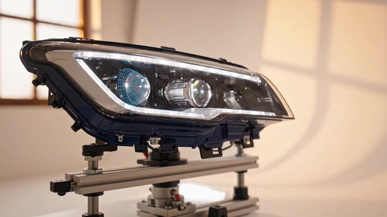 A Detailed Two-Frame Visual Evolution of a Car Headlight from Wireframe Design to Realistic High-Quality LED Light Rendering in Studio Setting