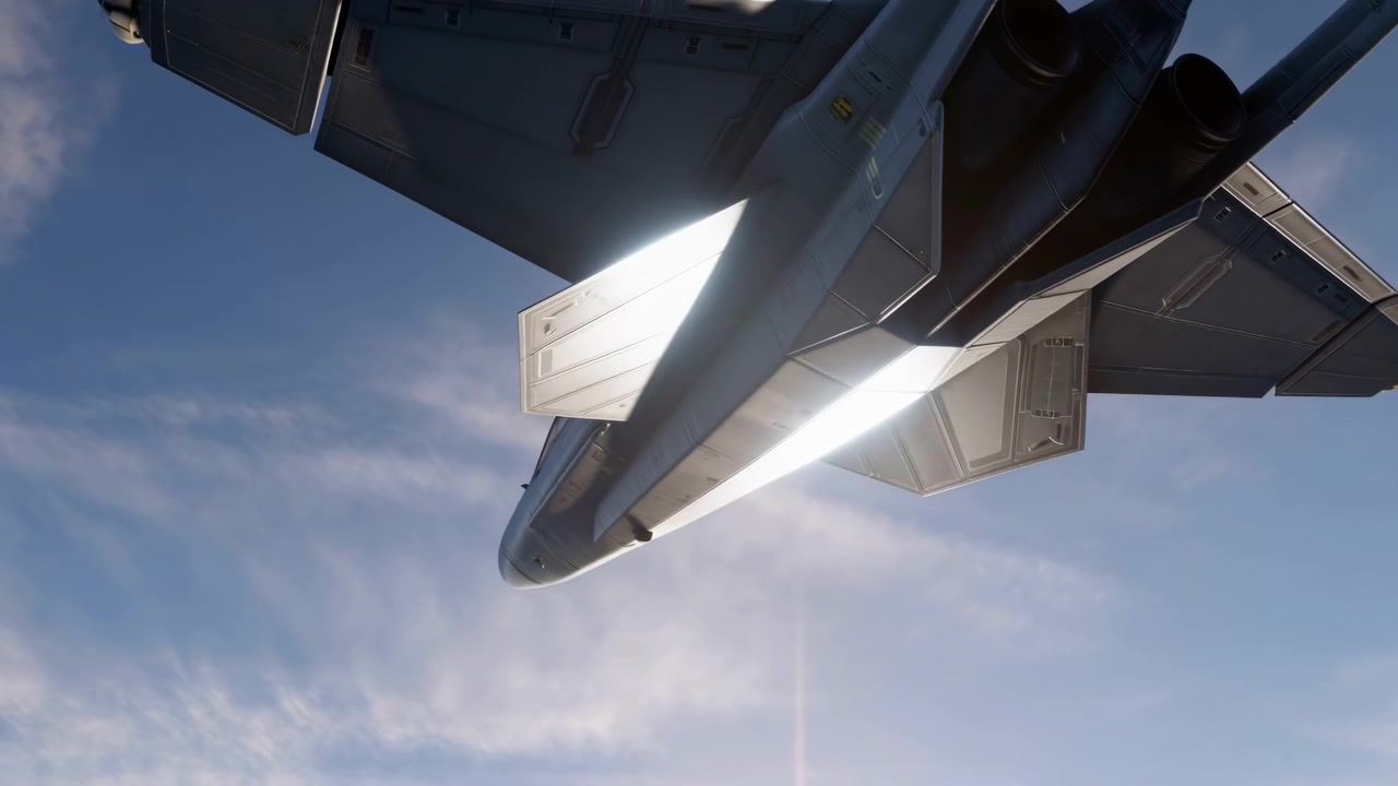 Low angle view of a large jet aircraft seen from below, with the fuselage centered and dark wings stretching across the frame against a bright blue sky