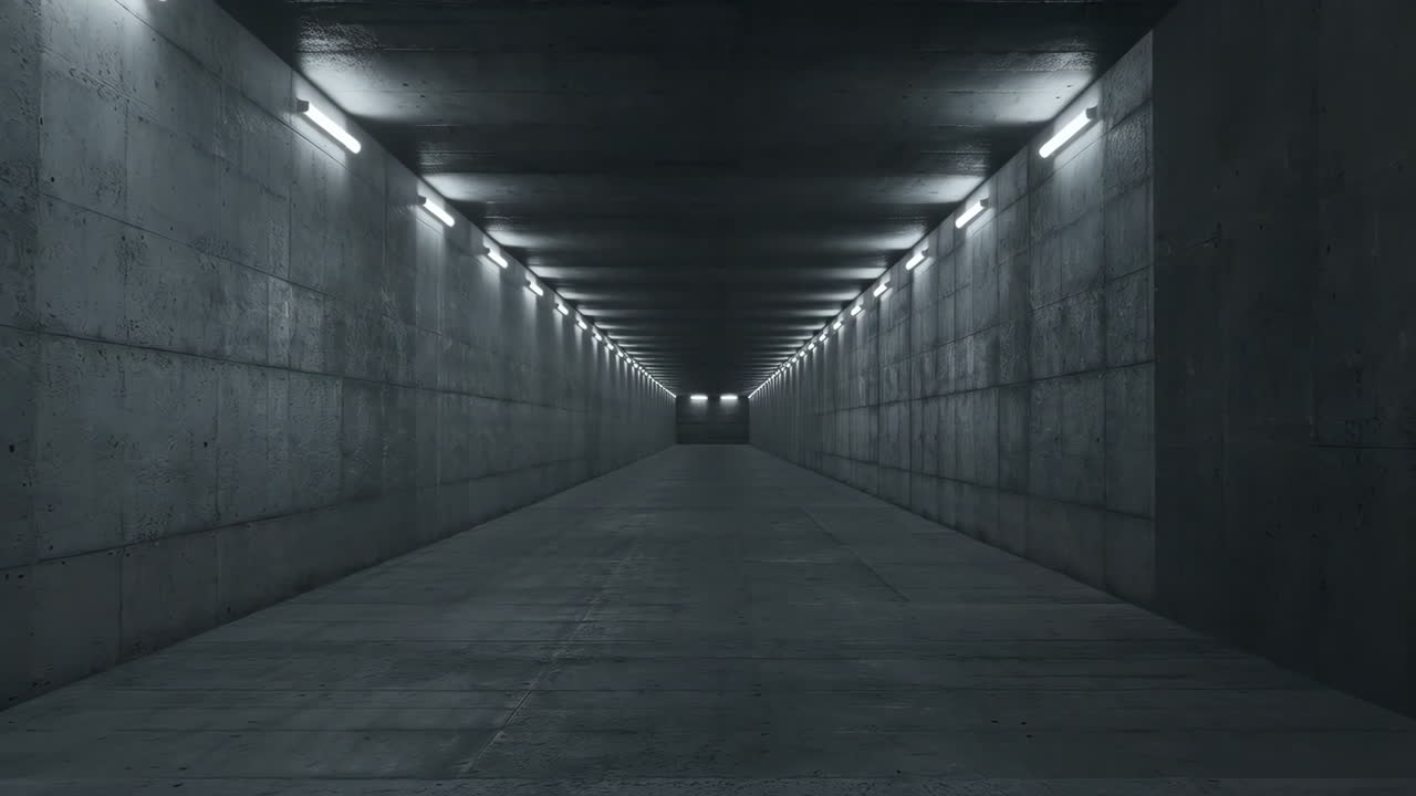 Lungo tunnel in cemento con luci fluorescenti