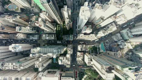 Downtown-Hong-Kong-city-skyscrapers-and-urban-traffic,-Aerial-view