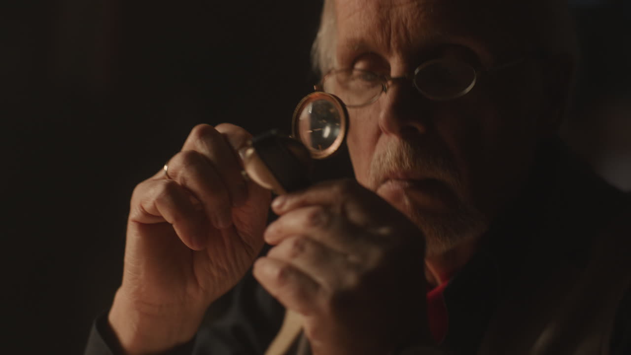 Older passionate man evaluates an old watch in his office at night
