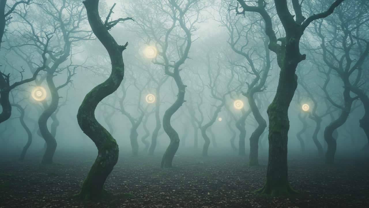 A Mystical Forest Enshrouded in Fog with Twisted Trees and Glowing Orbs Illuminating the Pathway, Creating an Enchanting and Ethereal Atmosphere
