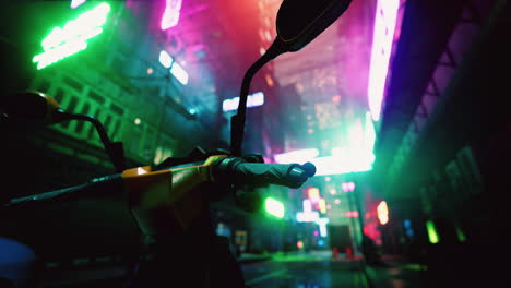a cyberpunk city at night with a motorcycle in the foreground