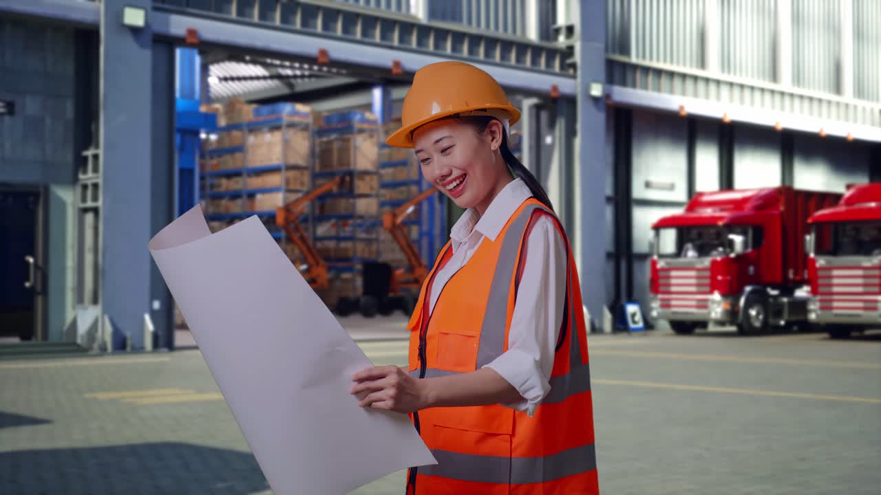 Side View Of Asian Female Engineer With Safety Helmet Looking At Blueprint In Her Hands, Outside of Logistics Distributions Warehouse