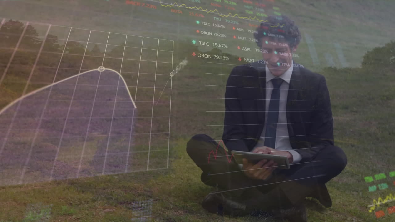 animación del procesamiento de datos sobre un hombre de negocios caucásico que usa una tableta