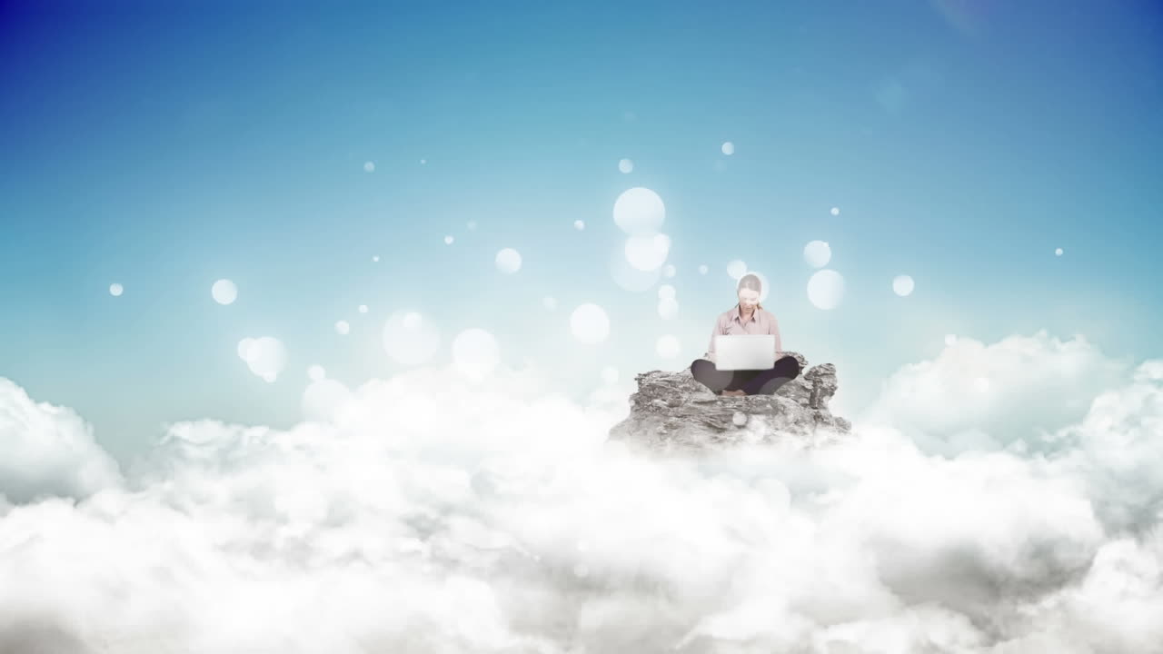 ⁇  거품 효과로 둘러싸인 노트북을 사용하는 여자