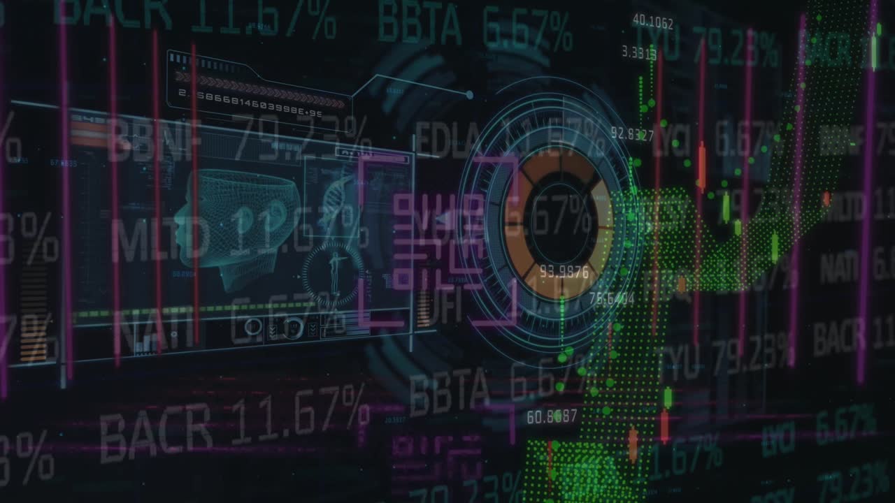 Animation of data processing over dark background