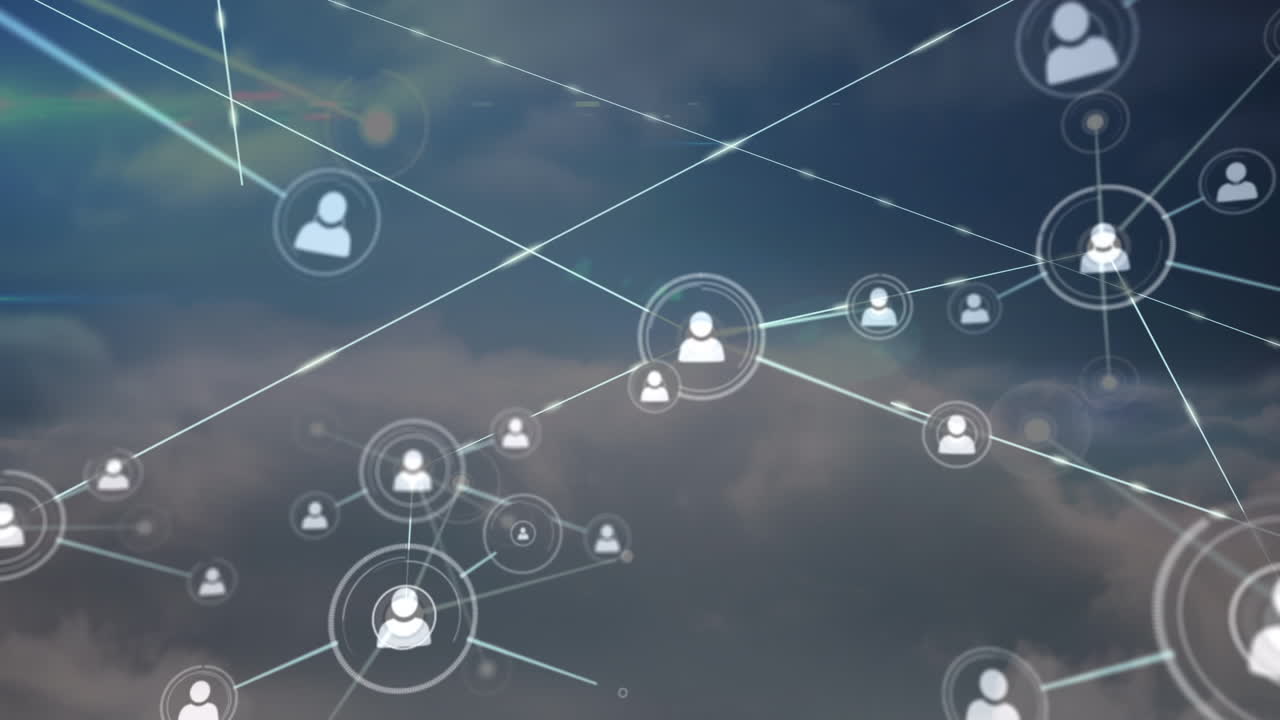 animación de la red de conexiones con iconos sobre nubes