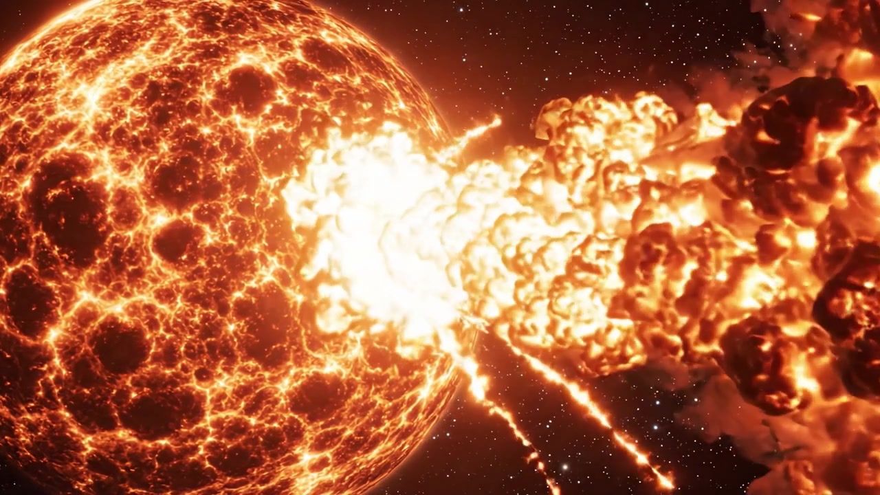Et himmelsk skue: Den dynamiske eksplosion af en flammende stjerne midt i det kosmiske lærred, der viser dens kraftfulde og levende energi i fantastiske detaljer.