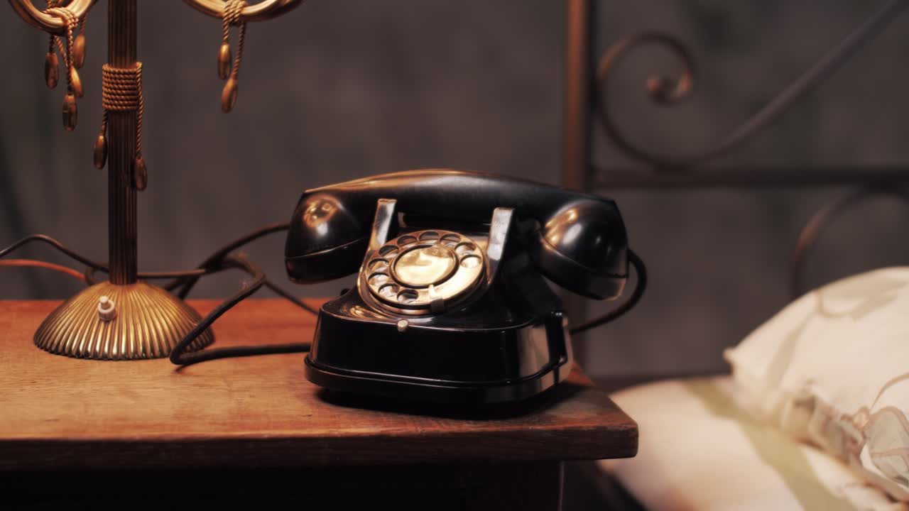 Retro black rotary telephone with lamp in a cozy bedroom during a slow pan shot