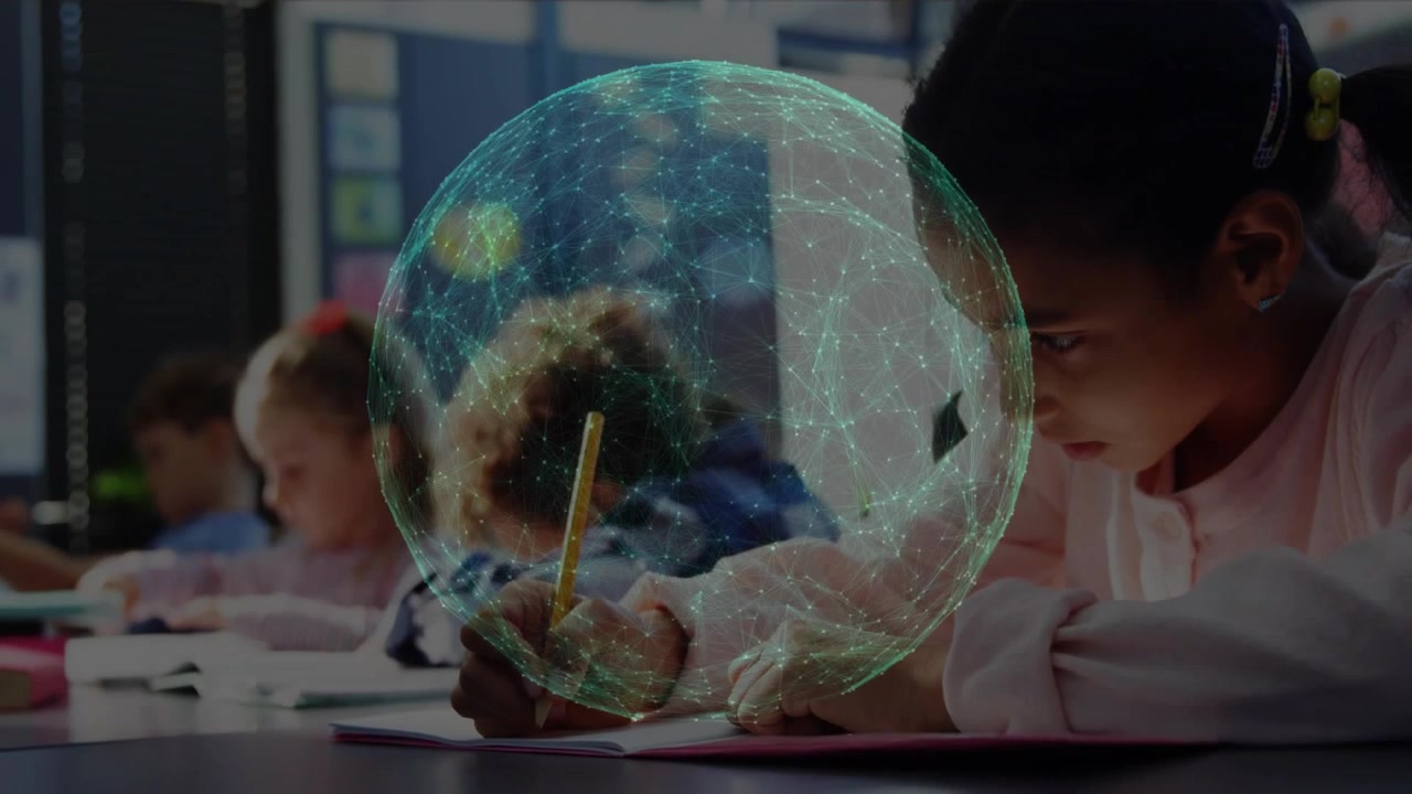 Right girl leaning and writing with yellow pencil, holo sphere appearing over hand, aiding learning