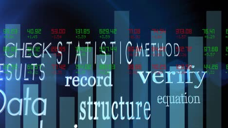 animation of analysis text, data processing and statistics recording over blue background