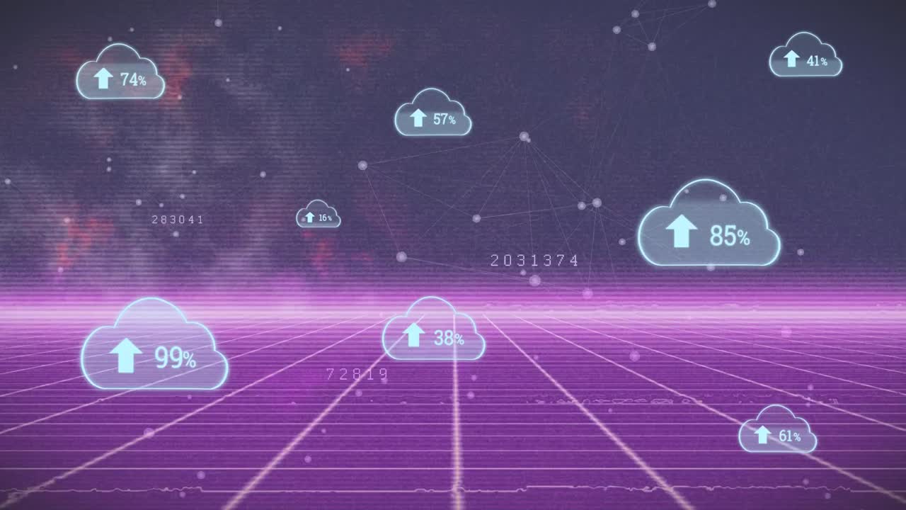 검은색 배경에 연결 네트워크를 통해 증가하는 수로 클라우드 아이콘의 애니메이션