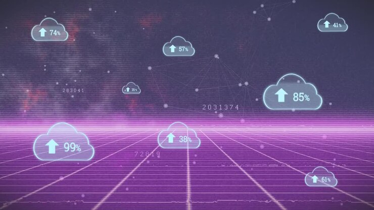 Animation of cloud icons with growing numbers over network of connections on black background