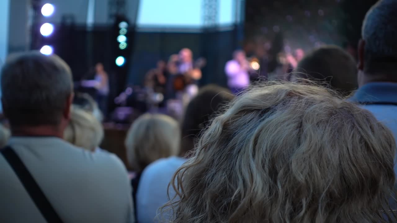 Konzert auf der Bühne. Menschenmenge und Musiker. Unscharf.