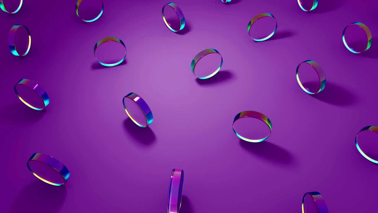 renderización por computadora en 3d de objetos redondos de vidrio de cristal que giran sobre un fondo púrpura.
