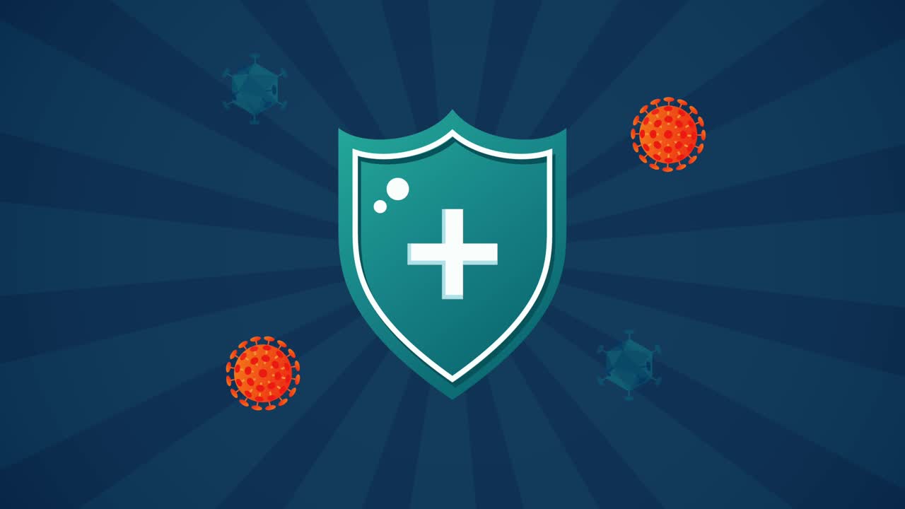 partículas del virus covid-19 con animación de guardia de escudo