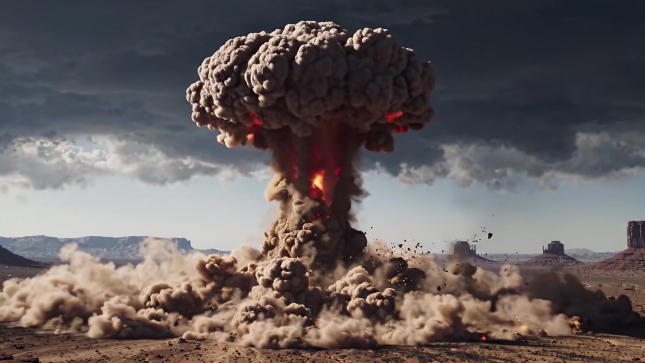 Dramatische Transformation einer Wüstenlandschaft: Einfangen der kraftvollen Zündungs- und Ausbruchsmomente einer massiven Explosion, die eine riesige Staub- und Trümmerwolke hinterlässt.