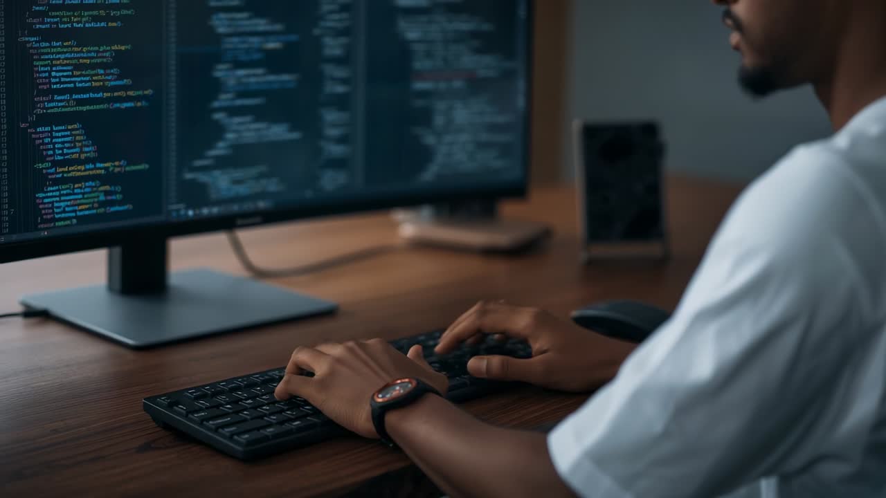 Seeing code on monitor, developer fixing syntax while typing on keyboard at office desk, copy space