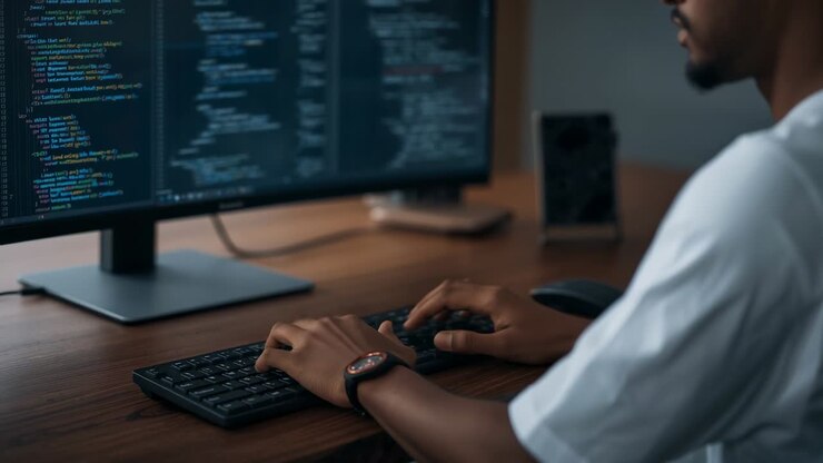 Seeing code on monitor, developer fixing syntax while typing on keyboard at office desk, copy space