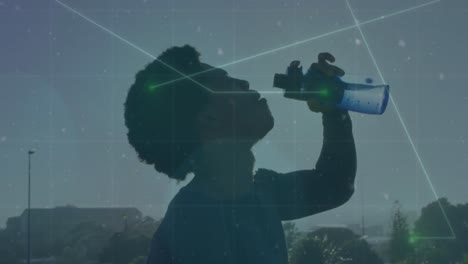 animación de la red de conexiones sobre el hombre afroamericano bebiendo agua