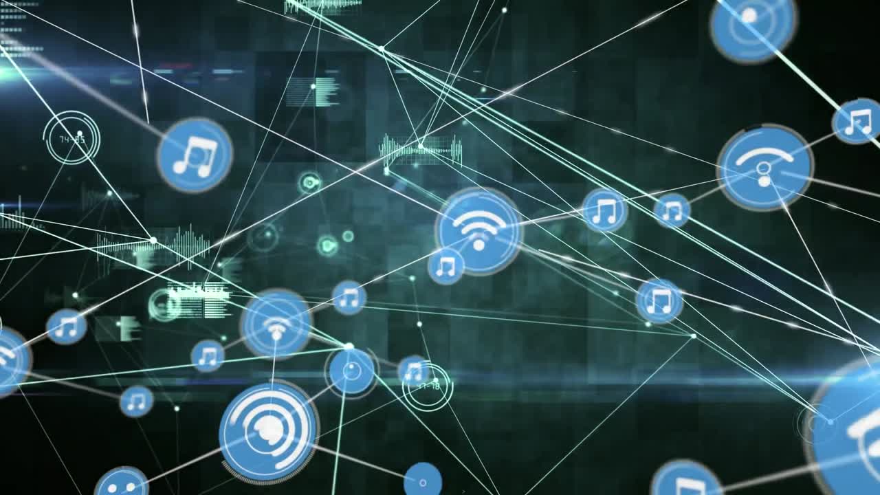 animación de la red de conexiones con iconos sobre puntos brillantes