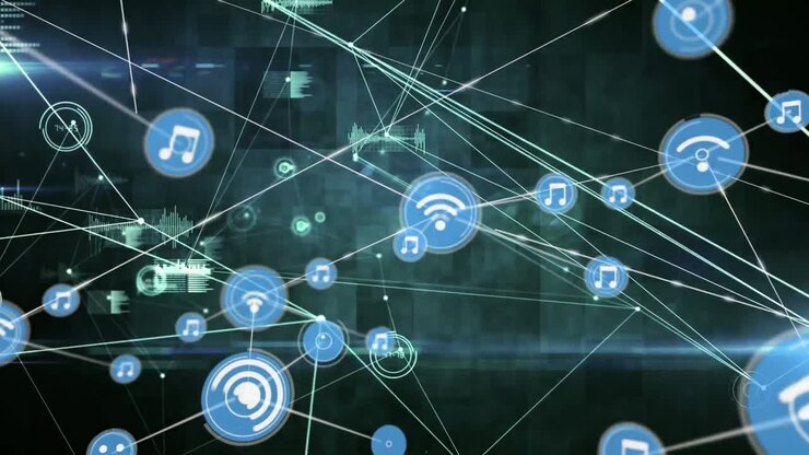Animation of network of connections with icons over glowing spots