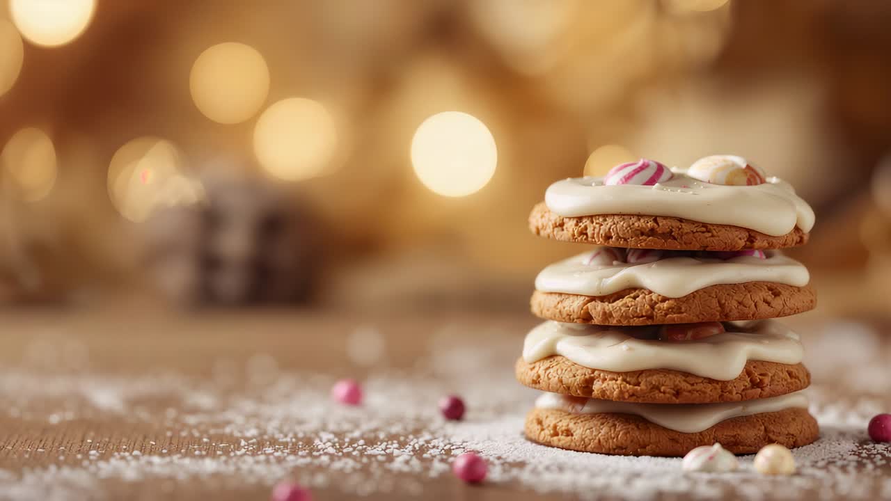 Spostamento della fotocamera verso una pila di biscotti glassati sul tavolo, con zucchero a velo e perle in evidenza, spazio per il testo