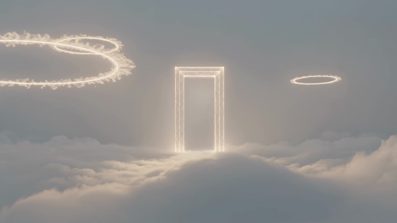 Flickering left ring, glowing doorway brightening and casting light onto clouds, right halo pulsing
