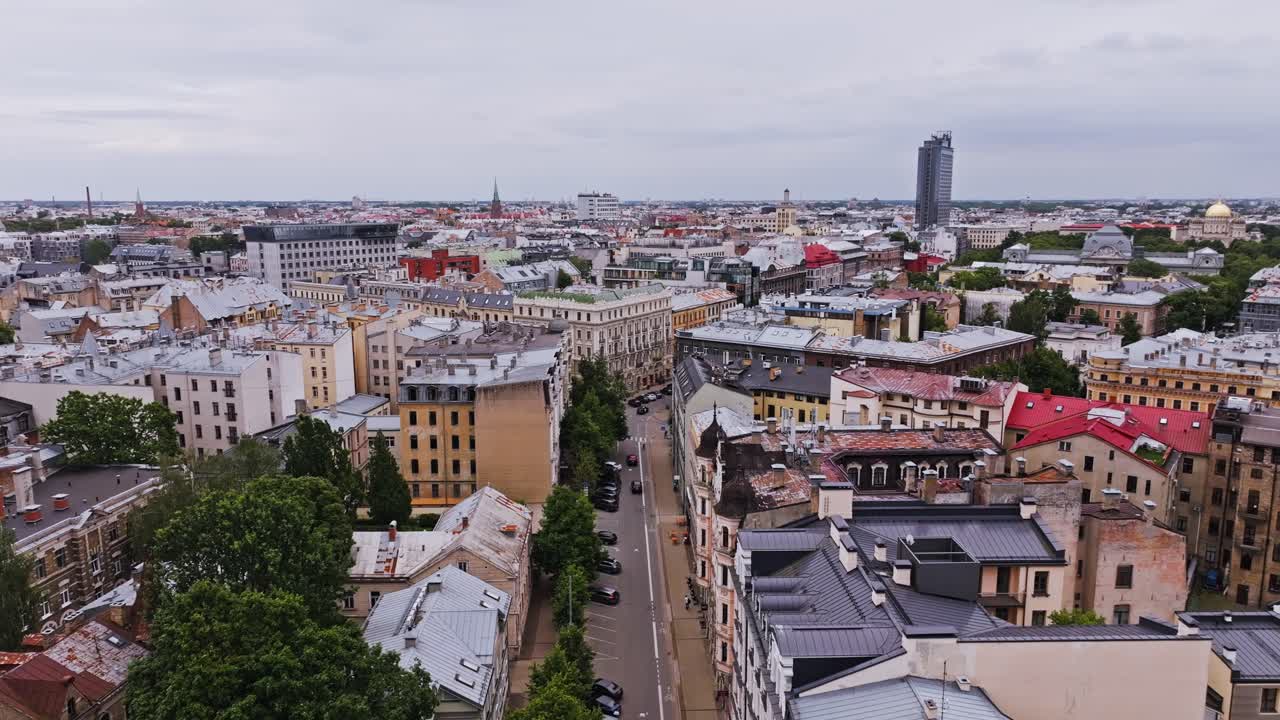 Establishing aerial of Riga Latvia showing urban panorama as geopolitical border