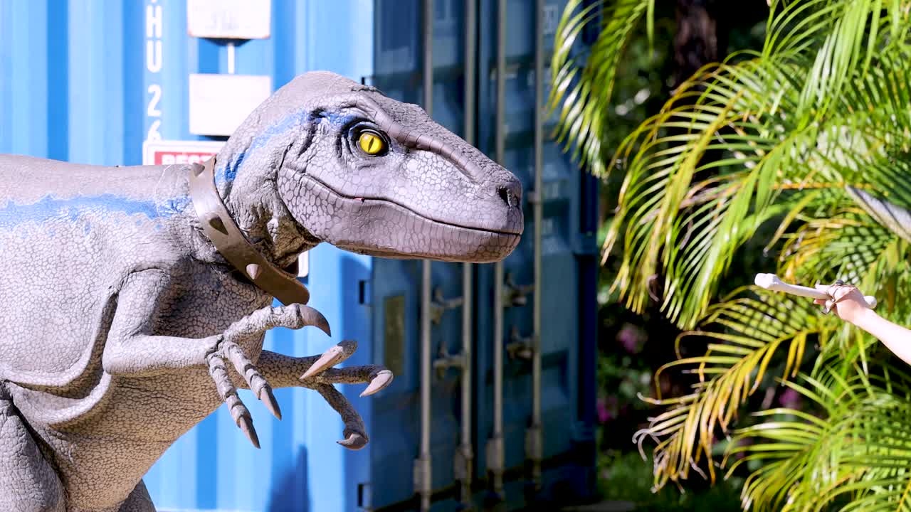 A realistic velociraptor puppet interacts with a staff member in a sunlit outdoor park, with blue containers and tropical plants in the background