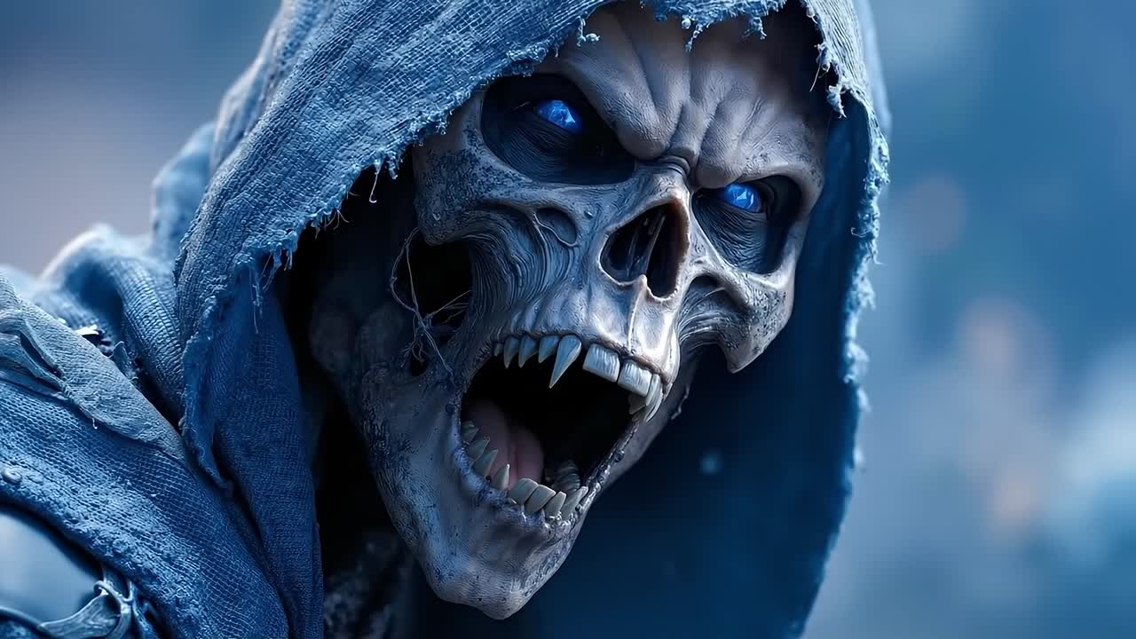A close up of a skull with blue eyes and fangs