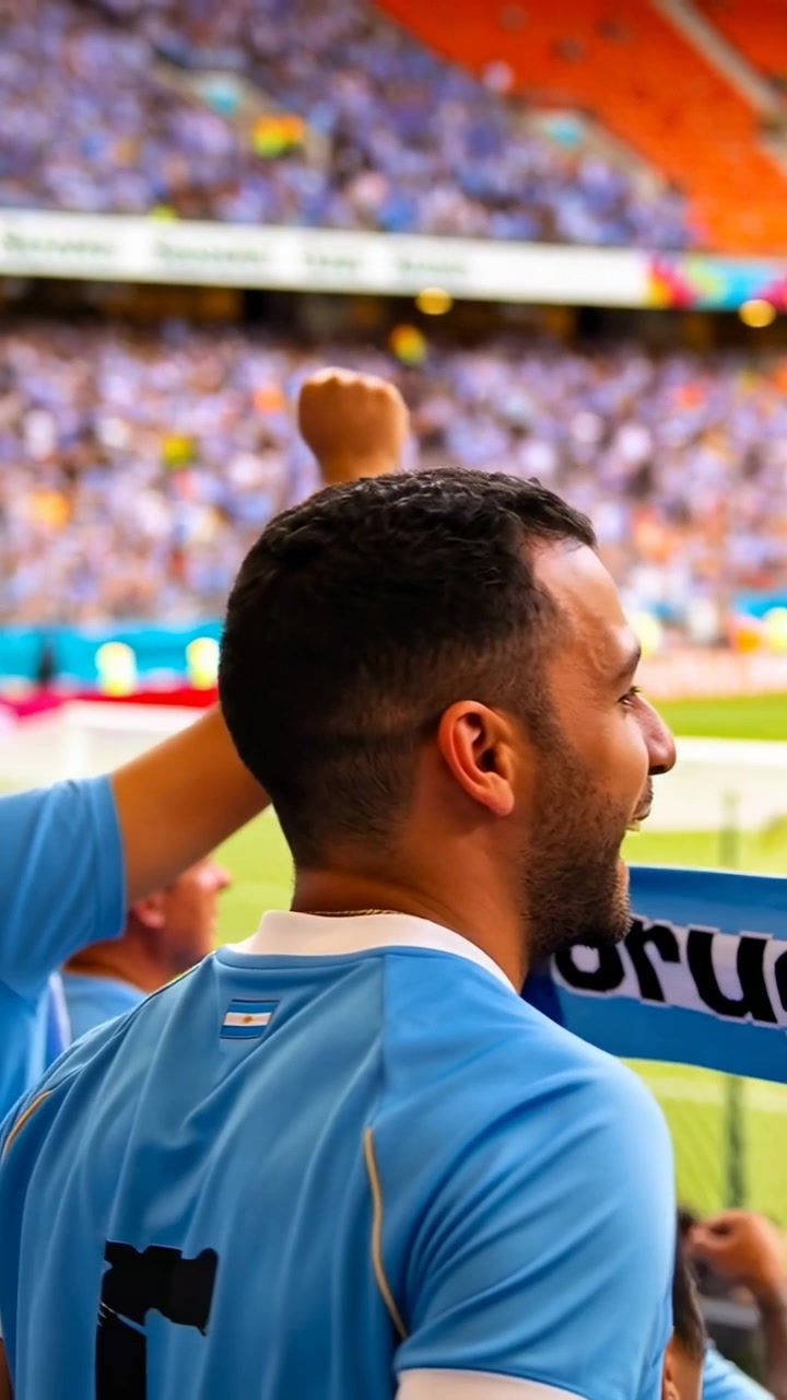 Vertikal video: Jublende Uruguay-fans i blå drakter holder skjerf på nedre tribune, spillet nærmer seg mål