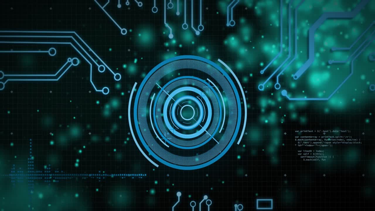 Animation of blue circular scanner over motherboard and blue particles on black background