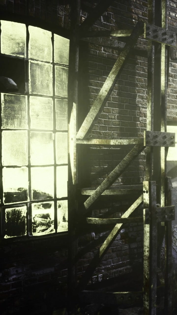 La luce del sole filtra attraverso finestre impolverate in un vecchio magazzino urbano.